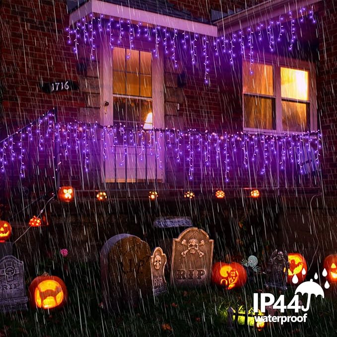 QITONG Purple Halloween Lights Outdoor, 33ft 400 LED Icicle Light for Outside Indoor Plug in, 8 Modes Clear Wire Connectable Christmas Lights with 80 Drops
