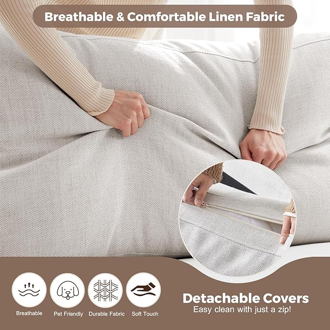 112" Modular Sectional Sofa, Large 7 Seater L Shaped Couch with Detachable Sofa Cover, Movable Ottoman, Deep Seat Corner Couch for Living Room, Apartment - Linen Fabric, Ivory