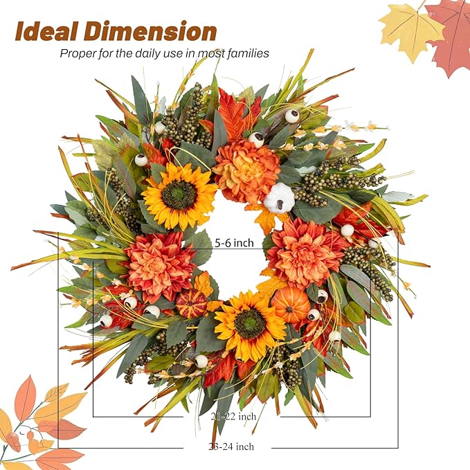 Fall Wreaths for Front Door 24 Inch Fall Wreath with Pumpkins, Sunflowers & Berries – Outdoor Autumn Wreath for Porch, Thanksgiving, Halloween & Harvest Decor