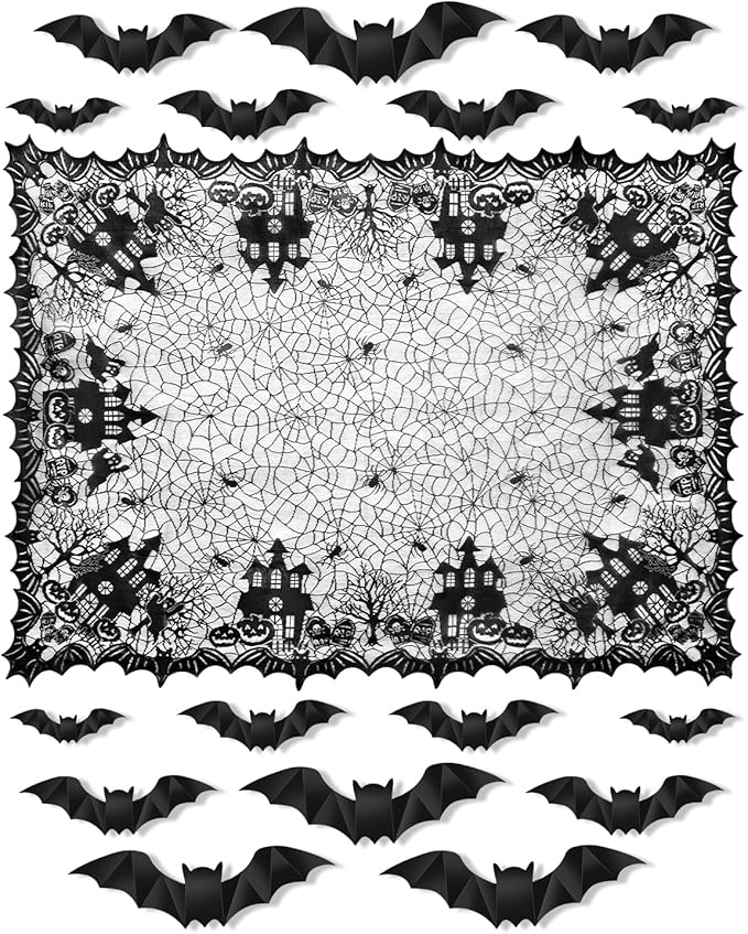 eZAKKA Halloween Table Cloth with 16 Pcs Bats Wall Decor, Spider Web Table Cloth Black Tablecloth Lace Fabric Table Cloths for Rectangle for Parties Gothic Spooky Home Decorations, 53x68 Inch
