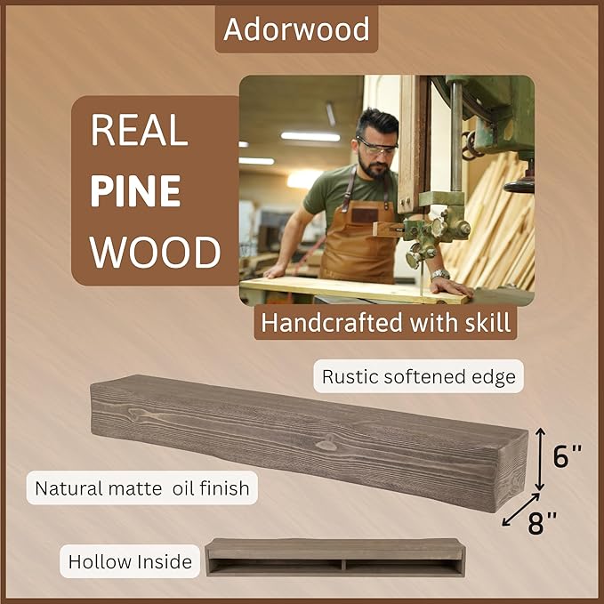 Handmade Fireplace Mantel Shelf 48", Extra Wide Rustic Wood Mantles for Over Fireplace, Wall Mounted Floating Mantel Shelves for Living Room Decor (Smoke Gray, 48Lx6Hx8D)