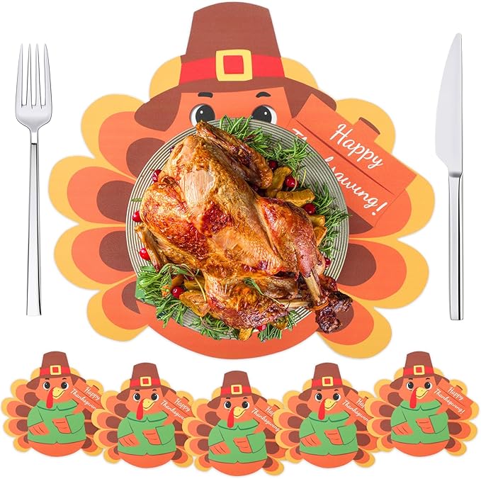 Remerry 6 Pcs Thanksgiving Leather Table Placemats Washable Turkey Table Mats Turkey Gobble Placemats Easy to Clean Thanksgiving Day Leather Place Mats for Fall Harvest Party Kitchen Dining Decoration