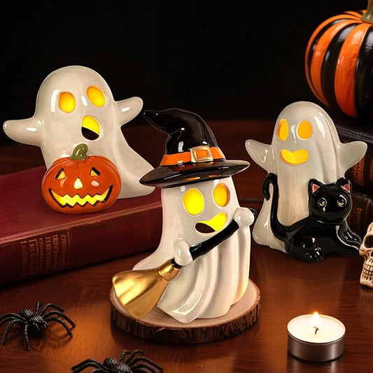 AELS Ceramic Happy Ghost with 3 Tea Lights, Spooky Candle Holder Set of 3, Tabletop Indoor Halloween Decorations for Holiday Party Home, Spooky Sculptures Ghost Figurines, Smoke White