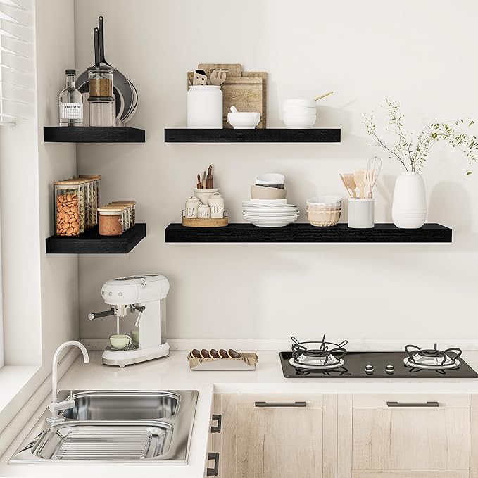 Black Floating Shelves for Wall 55 Inches Long, 12" Deep Wall Shelves 2" Thick, Heavy Duty Shelf for Bedroom, Bathroom, Living Room, Kitchen, Office, Home Decor, Modern Shelf Set of 2, 55" X 12" X 2"