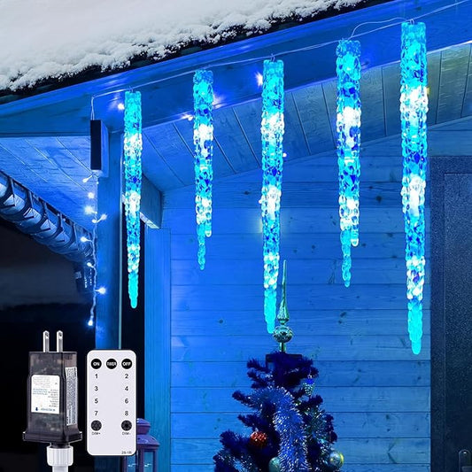 Icicle Lights for Outside with Remote, 20ft 100 LED 20 Tubes Connectable Ice Shape Hanging Christmas Lights for Tree Patio Roof Holiday Decor, Blue and White