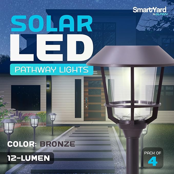 Solar LED Path Lights 4 Pack – 12 Lumens, Warm White, Oil-Rubbed Bronze, Solar Powered, Stainless Steel, Weather-Resistant for Garden, Walkway, Patio