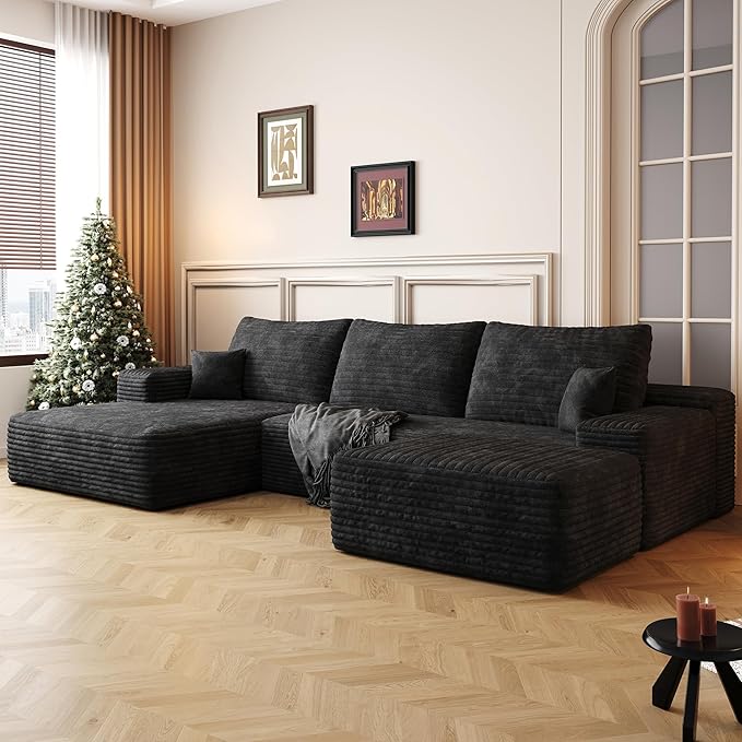 108" Sectional Couches for Living Room Modern Modular Sofa with L-Shape Couchs Upholstered Boneless Couch Deep Seat Sectional Couch with Chaise (Black, Left Facing Chaise+2Seaters+1Ottoman)