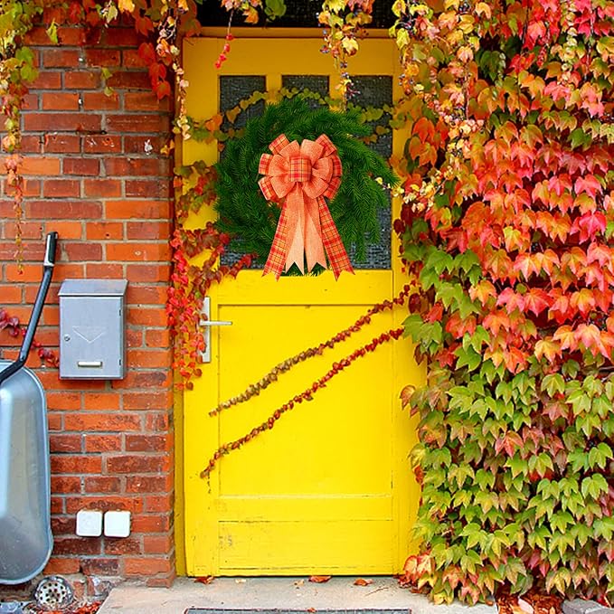 Iceyyyy 3Pcs Large Fall Thanksgiving Wreath Gift Bow -18.8x10.6inch Orange Buffalo Plaid Check Wreath Swag Bow Wreath Pre-Tied Bow for Fall, Thanksgiving, Christmas, Home Indoor Outdoor Ornaments