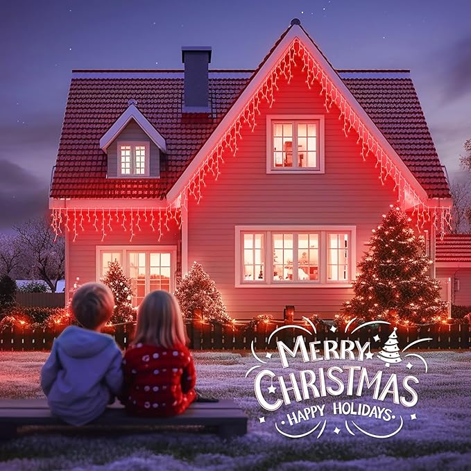 23FT 200Count Red Icicle Lights,White Wire Icicle Mini Lights Plug in with 40 Drops,Hanging Curtain Fairy String Light Connectable for Christmas Valentine's Day Halloween Party Decorations