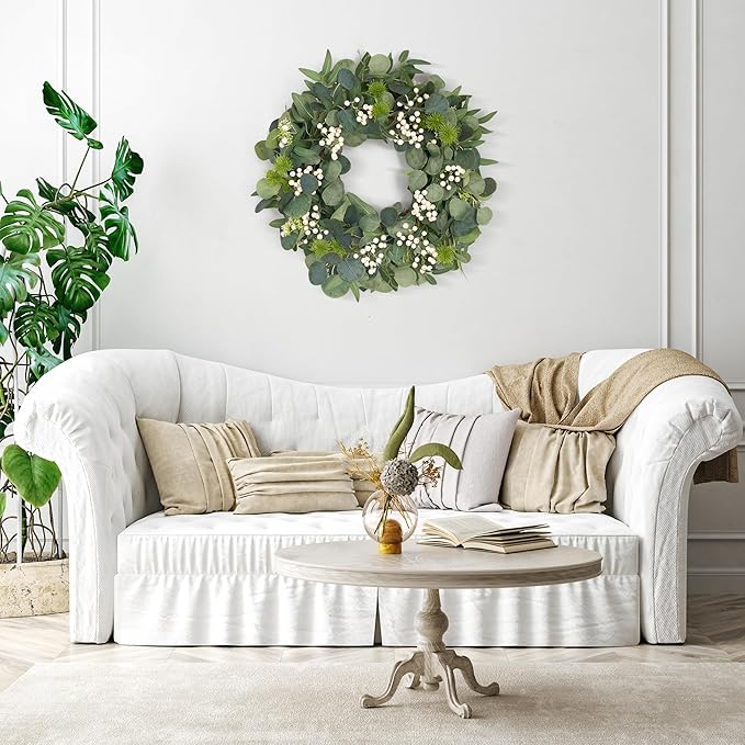 GENMOUS 24Inch Artificial Eucalyptus Wreath for Front Door, Christmas Wreaths with Ivory Berries Silver Dollar, Green Wedding Home Wall Door Hanging Decor All Seasons, Holiday Thanksgiving Halloween