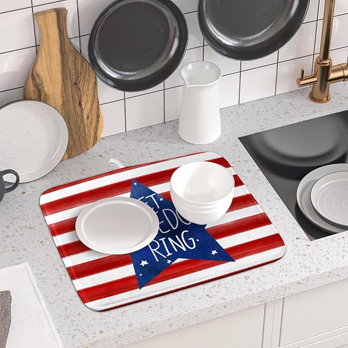4th of July Dish Drying Mat for Kitchen Counter Patriotic Holiday Absorbent Reversible Microfiber Kitchen Countertop Protector Dishes Pad Small 16x18 inch