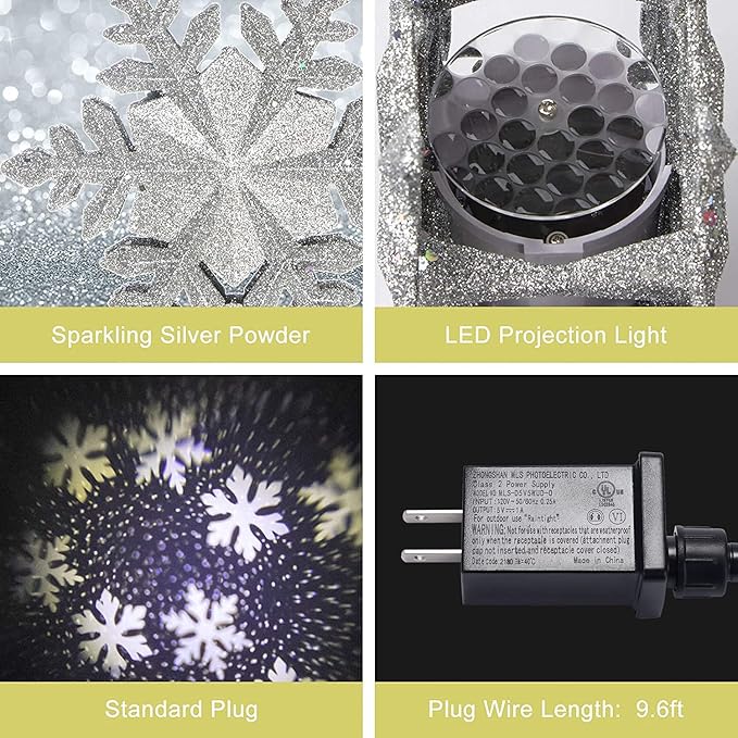 Snowflake Christmas Tree Toppers Lighted, with LED Rotating Snowflake Projector Lights for Indoor Outdoor Christmas Tree Decorations (Silver)