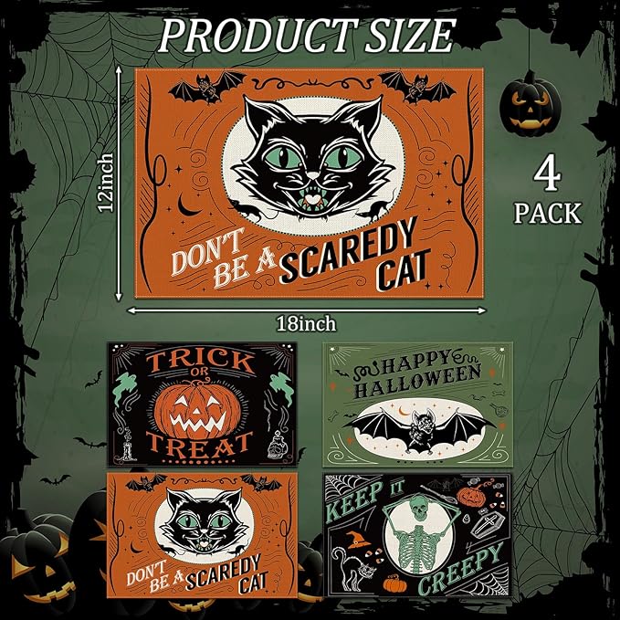 4Pcs Halloween Placemats Pumpkin Bat Black Cat Skeleton Table Mat Vintage Decorative Place Mats for Party Table Setting Decor, 12 x 18 Inch