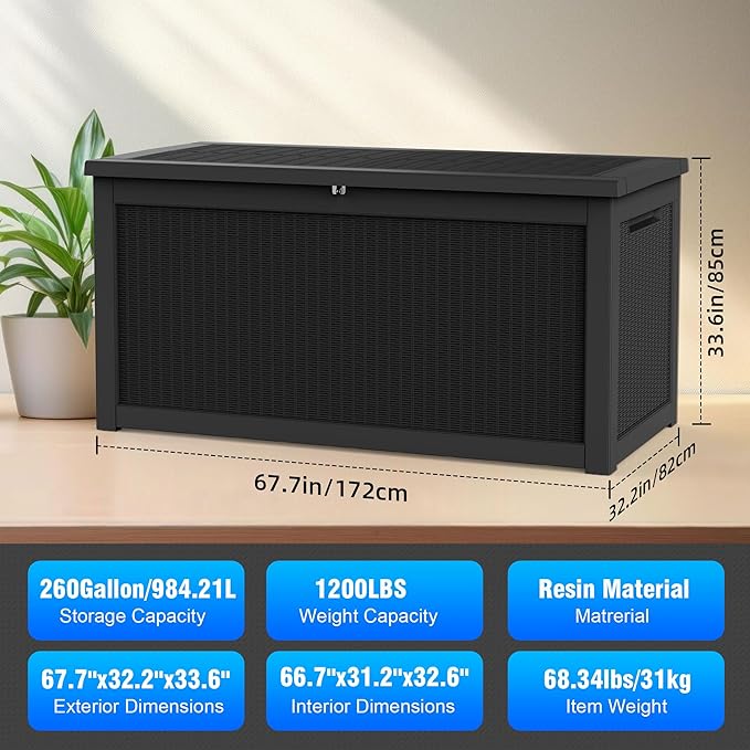 260 Gallon Deck Box XXL Large Outdoor Storage for Patio Furniture,Outdoor Cushions,Garden Tools and Pool Supplies,Waterproof,Resin,Lockable(Black Rattan)