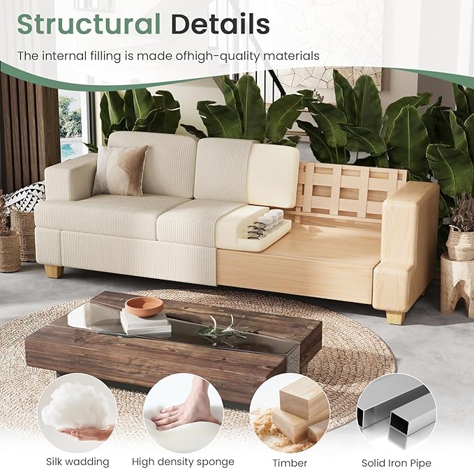 2 Pieces Corduroy Couch Set for Living Room, 6 Seats Cloud Sofa, Deep Seat Floor Couch for Bedroom, Futon Modern Sofa Bed, White Corduroy