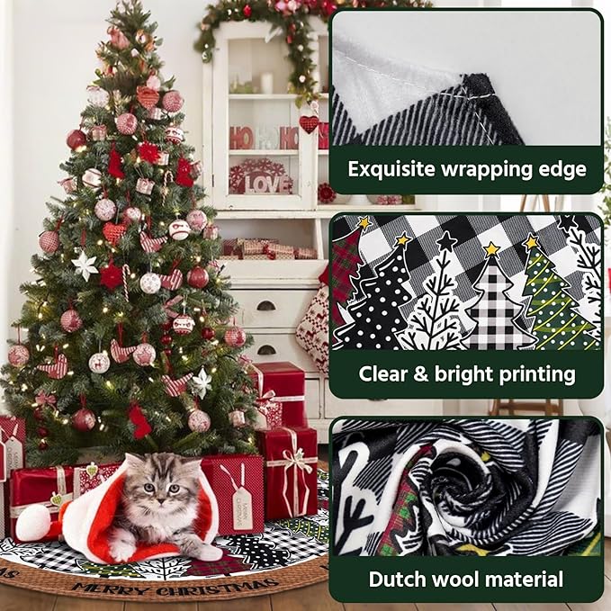 Christmas Tree Skirt 36 Inch, Black and White Buffalo Plaid Xmas Tree Skirts, Winter Christmas Trees Mat for Home Party Holiday Indoor Outdoor Decorations