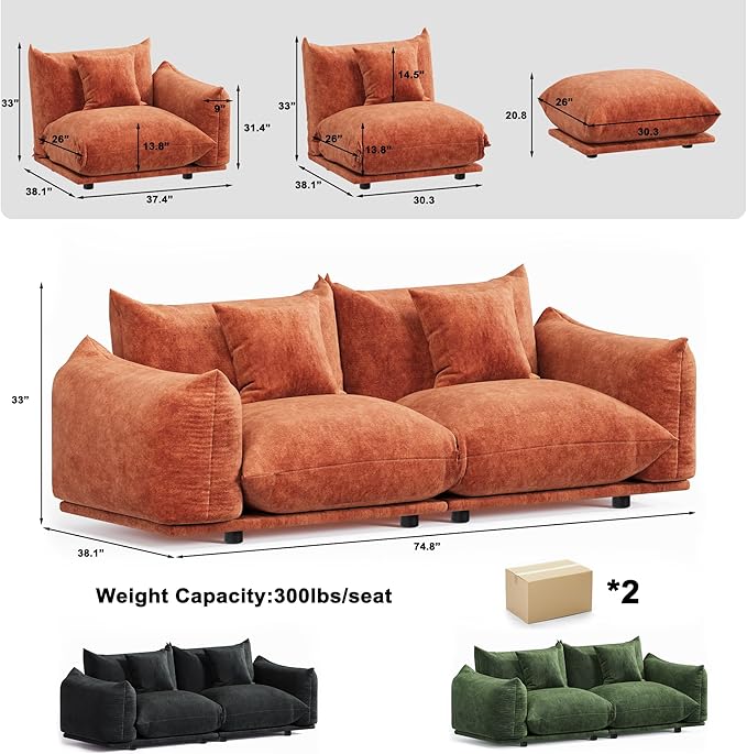 Modern Minimalist Chenille Modular Sectional Sofa, Oversized Couch and Loveseat Set with Thick Cushions, Upholstered Sofa for Small Spaces, Living Room, Bedroom, Office, Apartment(Orange,75" Loveseat)