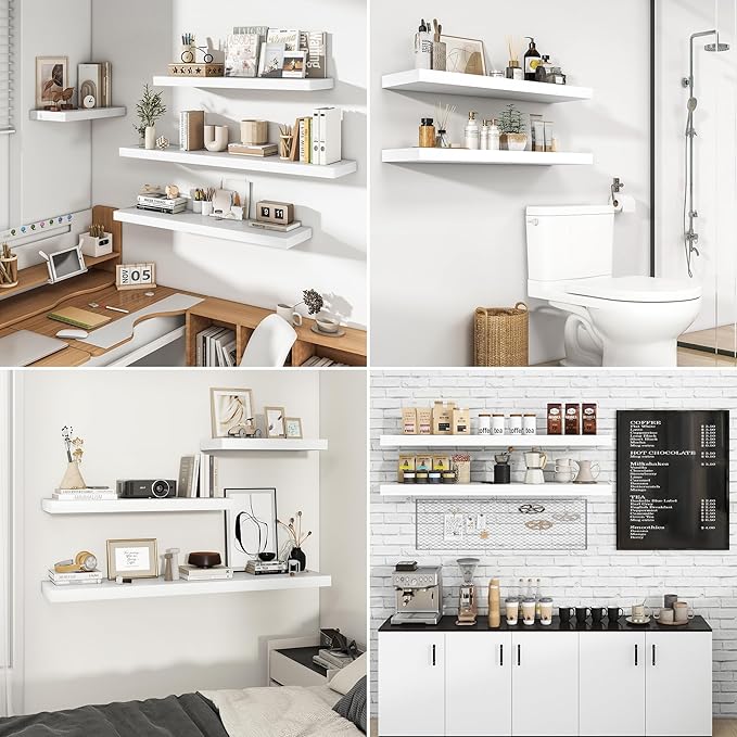 RICHFOCUS 40Inch Floating Shelves for Wall 2 Pack Shelves for Bedroom|Kitchen|Bathroom Wall Mounted Rustic Wood Floating Shelf with Invisible Brackets for Books|Storage|Decor, White