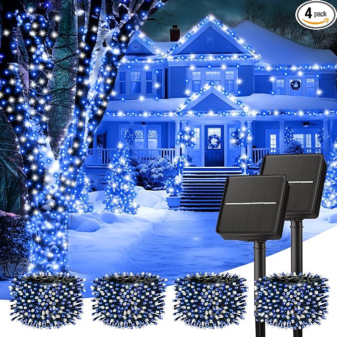 Minetom Solar String Lights - 4 Pack, 160FT, 400 LED with 8 Modes, Waterproof, Outdoor Christmas Lights for House & Tree, Blue & White