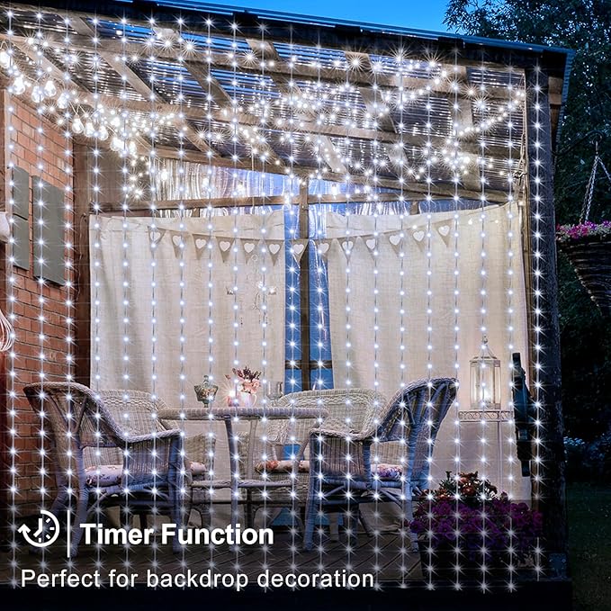 echosari Curtain Lights Battery Operated, 200 LED Curtain Fairy Lights 6.6×6.6ft with Remote Timer Outdoor Wall Light Fully Waterproof for Wedding Backdrops Bedroom Decor (Cool White)