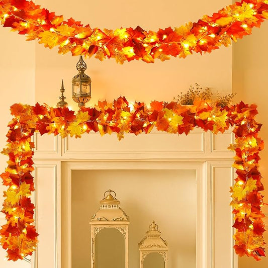 Joyhalo 2 Pack Fall Garland with Lights, Fall Leaves for Mantle, Outdoor Lighted Up Leaf Garland Autumn Decor with 6.5FT LED String Lights, Hanging Maple Leaves for Door, Thanksgiving Decor