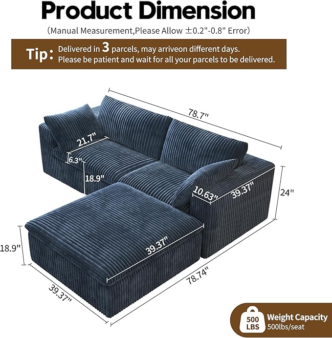 78.74" L Shaped Modern Sofa Modular Sectional Cloud Couch with Ottoman,Upholstered Couches with Plush Corduroy Fabric for Living Room Furniture,Bedroom and Apartment,No Assembly Required,Blue