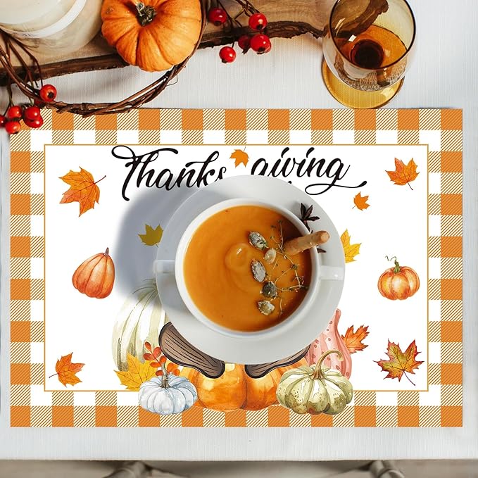 Paper Placemats Disposable 50 Pack Autumn Gnome Pumpkin Placemats 16x 11 Inch Thanksgiving Day Farmhouse Orange Buffalo Plaids Table Mats for Home Party Kitchen Dining Table Decoration