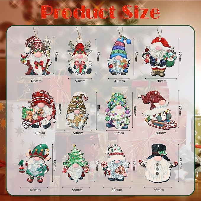 24 Wooden Gnome Ornaments for Christmas Tree, Party Decorating Supplies