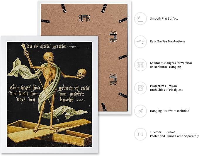 Poster Master Vintage Medieval Poster - Retro Gothic Print - Gift for Artist, Friend - Allegory of Life and Death, Skeleton, Dark, Skull - Wall Decor for Home, Living Room, 16x20 White Framed