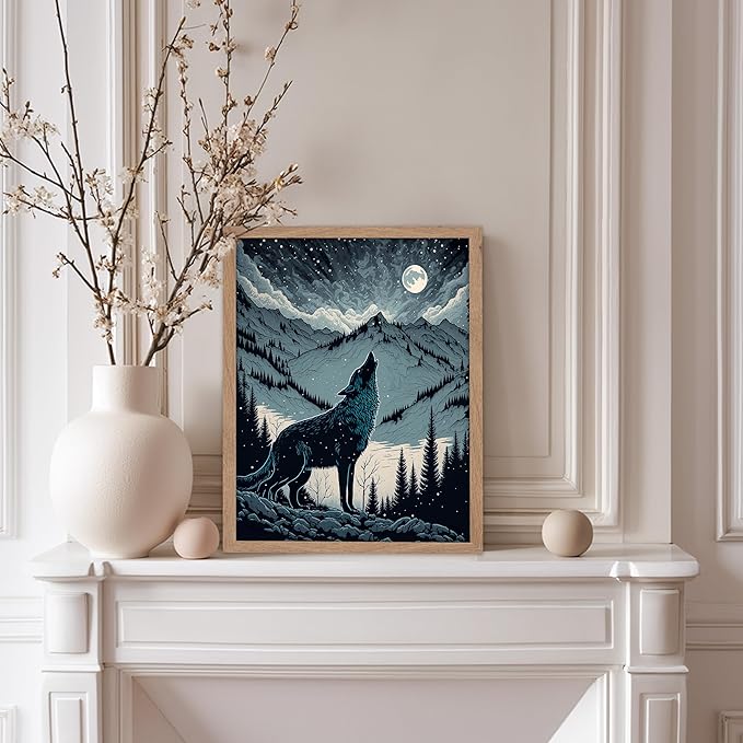 Poster Master Vintage Illustration Poster - Retro Animal Print - Gift for Artist, Friend - Wolf Howling at the Moon, Mountain, Snow, Landscape - Wall Decor for Home, Office, 8x10 Beige Framed