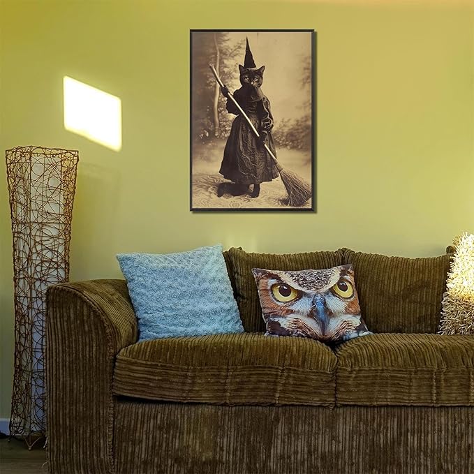Halloween Decor Posters Black Cat Witch Canvas Wall Art Vintage Spooky Print Of Gothic Room Family Dark Academia Decorations Creepy Picture Poster Aesthetic 24X36inch Aluminum Framed