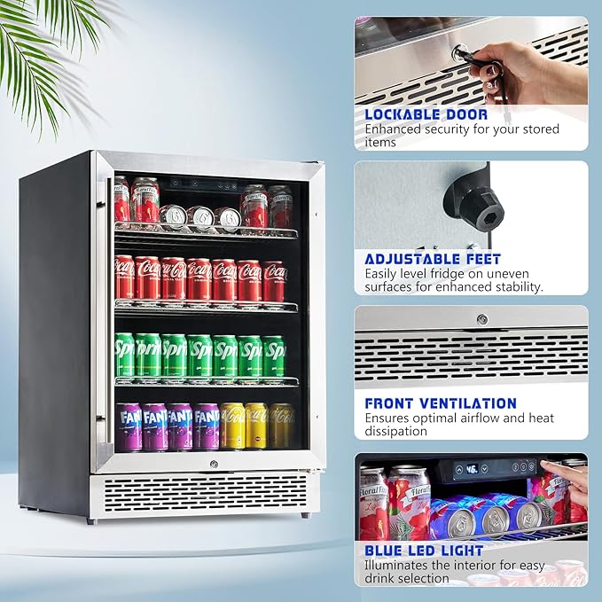 Albott Beverage Refrigerator-24 In fridge with Glass Door, Adjustable Shelves and LED Touch Panel, Under Counter Design for Wine Beer, Built-In or Freestanding Use, 34-64℉