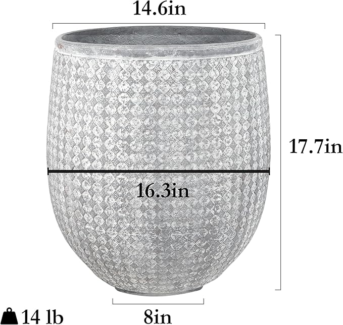 Worth Garden Large Grey Round Planter – 14.5" Dia x 17.5" H Lightweight Magnesium Oxide Cement Plant Pot with Texture – Raised Pattern Concrete Look – Drainage Hole – Indoor & Outdoor Use