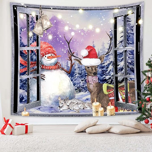 QGHOT Christmas Window Tapestry Wall Hanging Christmas Backdrop Winter Window Wall Decor Xmas Snowman Deer Tapestries for Bedroom Living Room Dorm Holiday Party Decoration