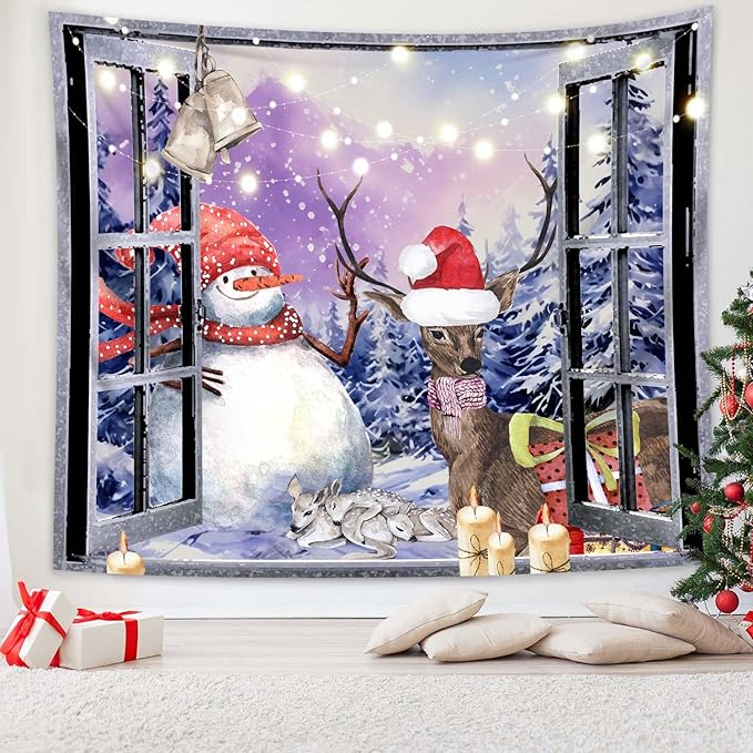 QGHOT Christmas Window Tapestry Wall Hanging Christmas Backdrop Winter Window Wall Decor Xmas Snowman Deer Tapestries for Bedroom Living Room Dorm Holiday Party Decoration, Extra Large