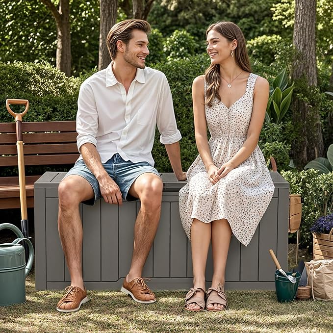 YITAHOME 100 Gallon Outdoor Storage Box, Large Water Resistant Resin Deck Box, Indoor Outdoor Lockable Storage Container for Patio, Garden, Cushions, Tools, Equipment (Taupe)