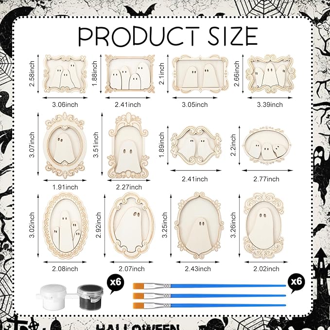 12 Set Wood Ghost DIY Frames Decorating Craft with Paint and Brush Unfinished Wooden Gift Ornaments Cute Ghost for Halloween Craft Art Party Supplies, Not Include Glue (Cute Style)