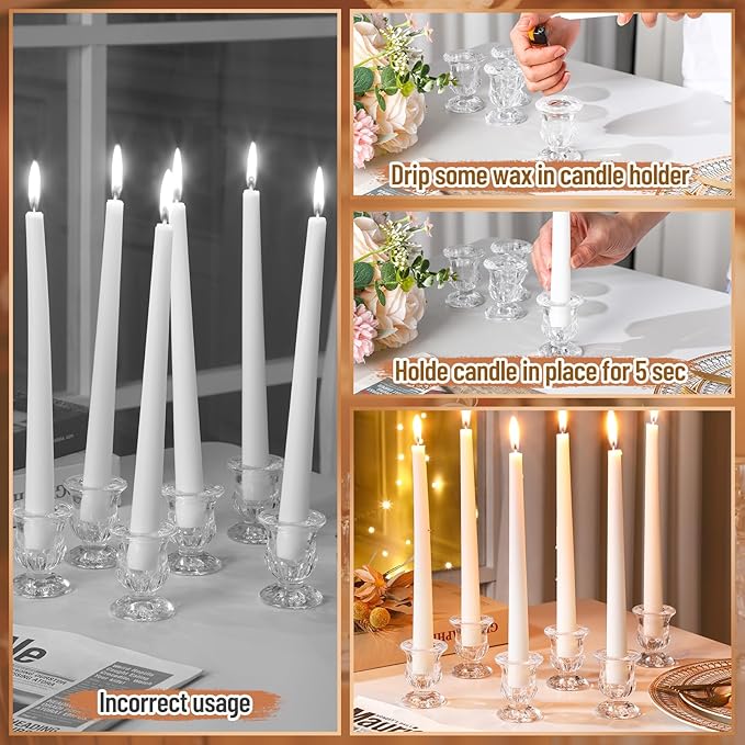 144 Pcs Glass Taper Candle Holders Bulk 2. 5 Inch Clear Candlestick Holder with Long Tapered Candles Candle Sticks Set for Table Centerpiece Wedding Christmas Party Decoration