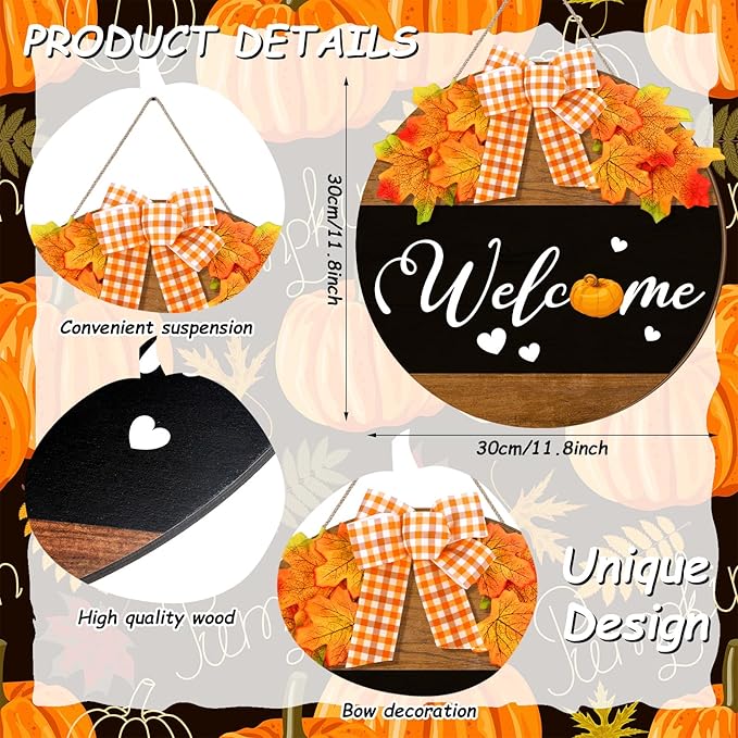 Hello Fall Door Sign Thanksgiving Wooden Welcome Sign Fall Welcome Wreaths with Bow Maple Pumpkin Door Hanger Farmhouse Wall Decoration for Home Autumn Harvest Front Porch Decor