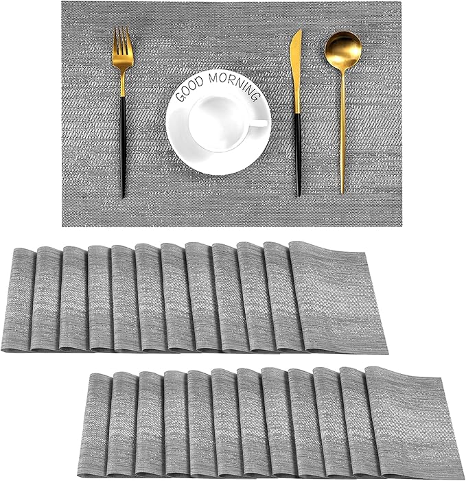 Leetaltree Grey Placemats, Heat Resistant Non-Slip Place mats for Dining Table, Washable Durable PVC Vinyl Woven Table Mats (Set of 24)