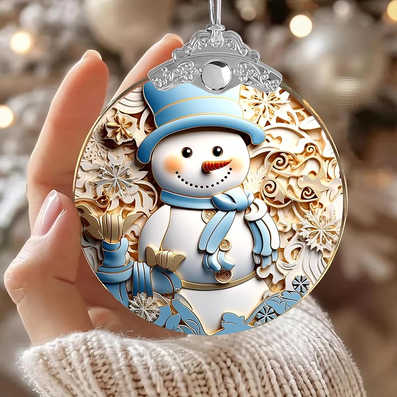 2025 Christmas Ornament, Stained Glass Effections, Christmas Tree 4 Inch Acrylic Ornament Art, White Elephant Gifts Car Interiors Decors, Christmas Decor (Blue hat Snowman)
