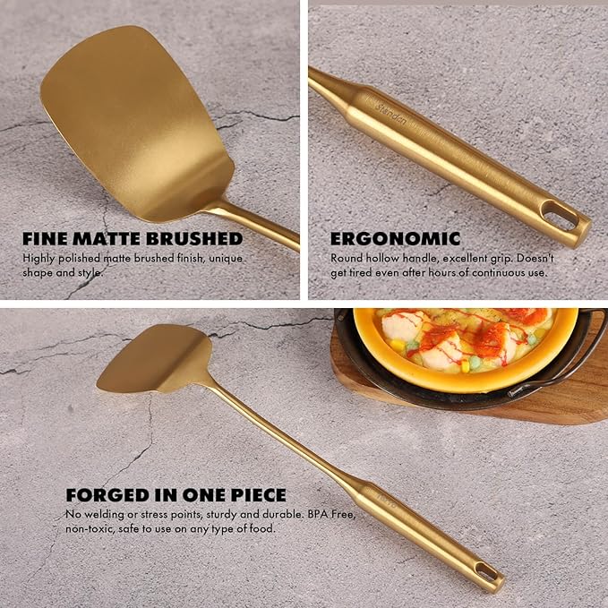 Gold Cooking Utensils Set - 18/10 Stainless Steel Large and Small Spoons Set, 16 PCS All Metal Kitchen Tools, Serving Utensils - Whisk, Masher, Fork, Tongs, Spatula, Ladle, Skimmer, Turner, Pasta