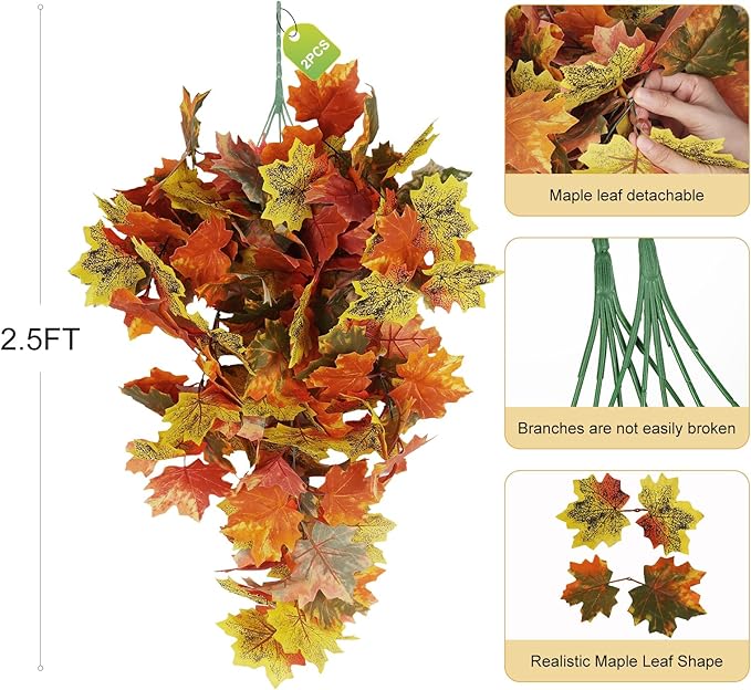 RECUTMS 2pcs Artificial Hanging Maple Leaves Plants Fake Fall Vines Plants Faux Autumn Hanging Fall Artificial Mums for Indoor Outdoor Thanksgiving Party Wedding Home Wall Door Decor(Green Yellow)