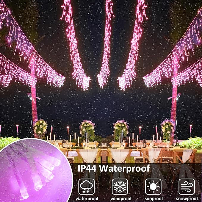Icicle Lights for Outside, 33FT 400 LED Christmas Lights Outdoor Indoor with 8 Modes 75 Drops, Waterproof Plug in Curtain Twinkle String Light for Home Roof Yard Window Patry Wedding Decor, Pink