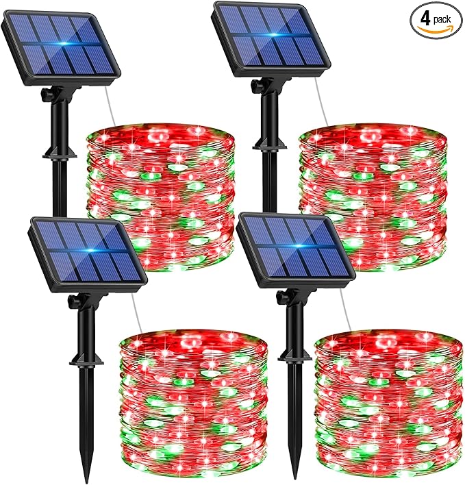 btfarm 4 Pack Solar String Lights Outdoor, 320LED 132FT Solar Fairy Lights Waterproof 8 Modes, Red Green Copper Wire Solar Powered Twinkle Light for Outside Tree Garden Christmas Wedding Party Decor