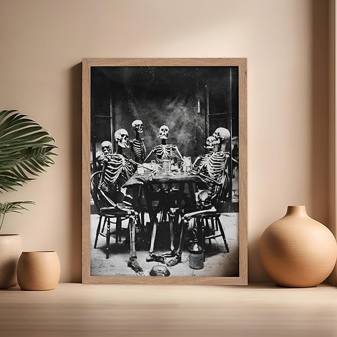 Poster Master Vintage Photograph Poster - Retro Daguerreotype Print - Gift for Artist, Friend - Skeletons Smoking at Table, Dinner Party, Goth - Wall Decor for Home, Dorm, 16x20 Beige Framed