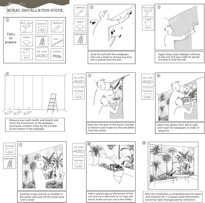 AFZEVEB-Black and White Jungle Wallpaper Hand-Painted Tree Wall murals for Bedroom 136"x96" (Not Peel and Stick)