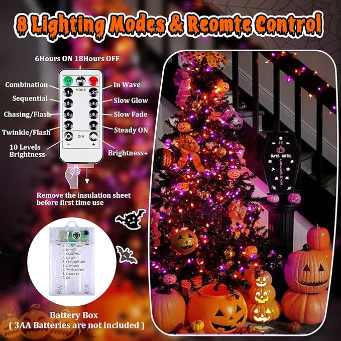 3 Pack 78 FT 240 LED Fairy Lights Battery Operated with Remote & Timer, Orange and Purple Halloween String Lights 8 Modes Waterproof Twinkle Lights for Indoor Outdoor Halloween Party Home Decorations