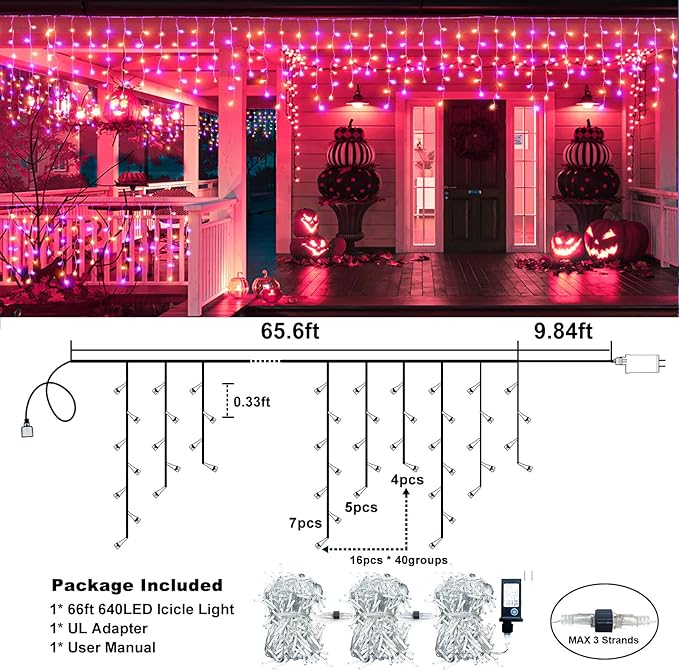Halloween Icicle Lights, 66FT 640 LED Purple & Orange Icicle Lights for Outside with 8 Modes 120 Drops, Waterproof Plug in String Light for Indoor Outdoor House Yard Patio Party Holiday Decorations