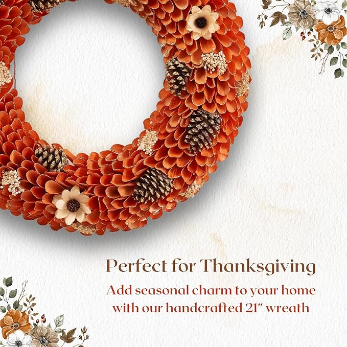 21" Fall Harvest Wood Curl Pinecone Wreath - Premium Handcraft Fall Wreaths for Front Door | Perfect for Autumn & Thanksgiving Decor